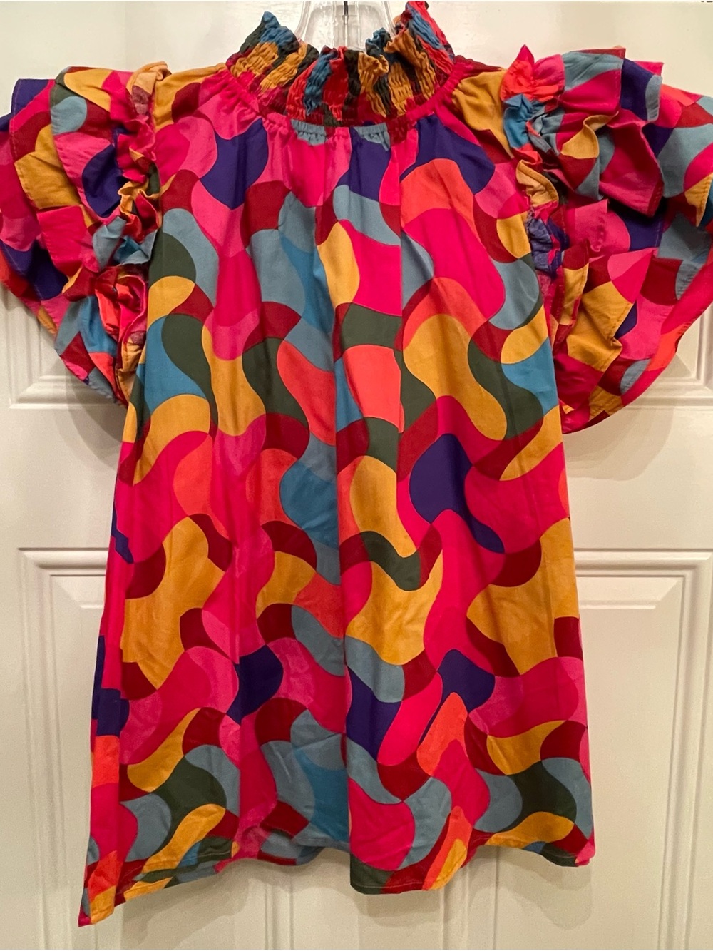 Boutique Small Multicolor Swirl Smocked Neck Top, NWOT